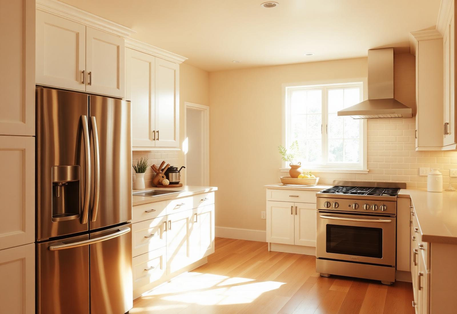 Warm sunlit kitchen with stainless refrigerator and gas range